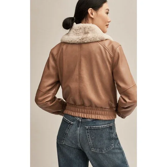 Anthropologie Avec Les Filles Aviator Jacket Brown Faux Leather Western Sz XL NW